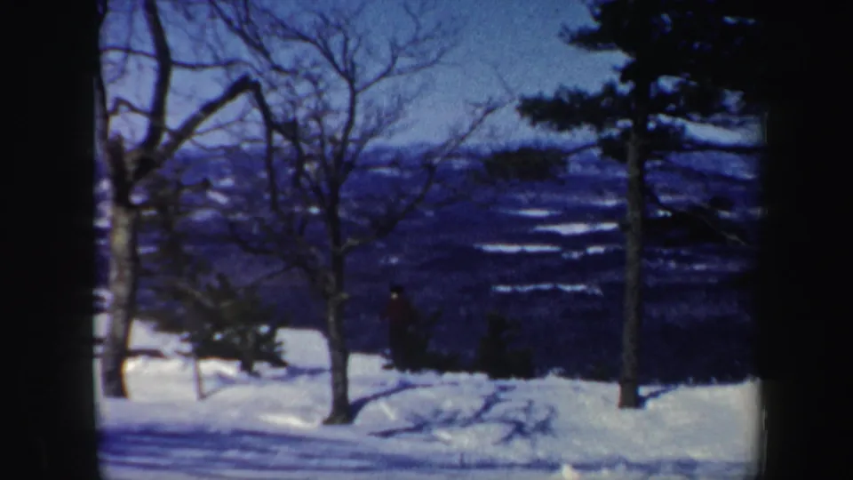 The view shifts to a snowy Vermont overlook with bare trees, scattered evergreens, and a blue-toned valley in the distance.