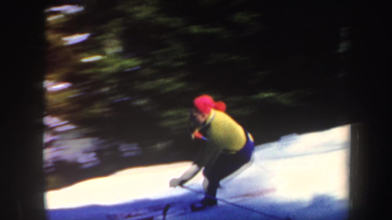 Skier crouches into a turn on a bright snowy slope with trees behind.