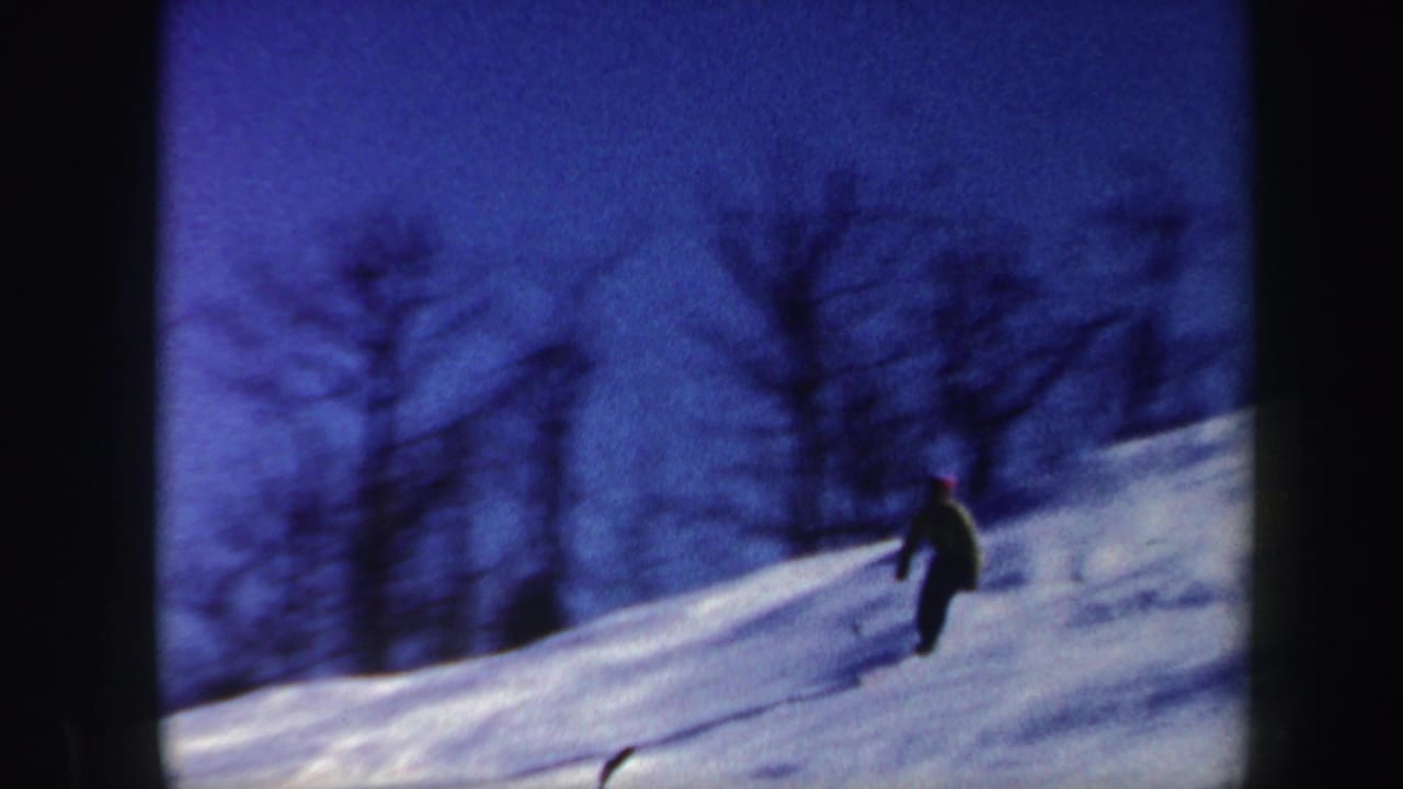 Distant skier descends a snowy slope beneath a dark blue sky and bare trees.