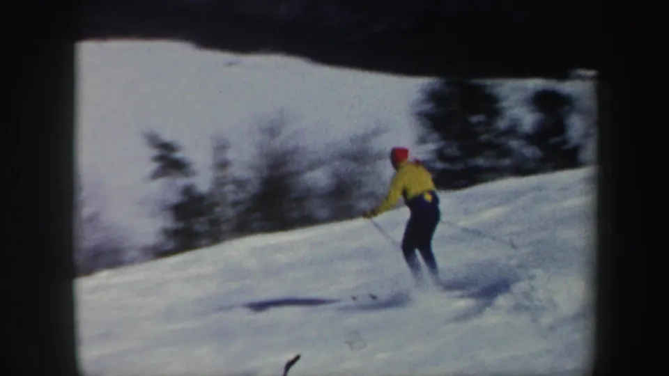 The skier leans into a downhill turn on a snow-covered Vermont slope, with soft-focus trees behind.