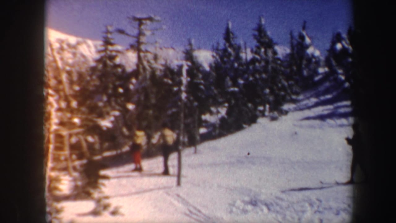 Snowy ski slope with evergreen trees, lift poles, and distant skiers.