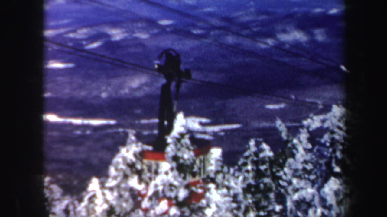 Cable car structure and red cabin appear beyond snowy treetops under a blue sky.