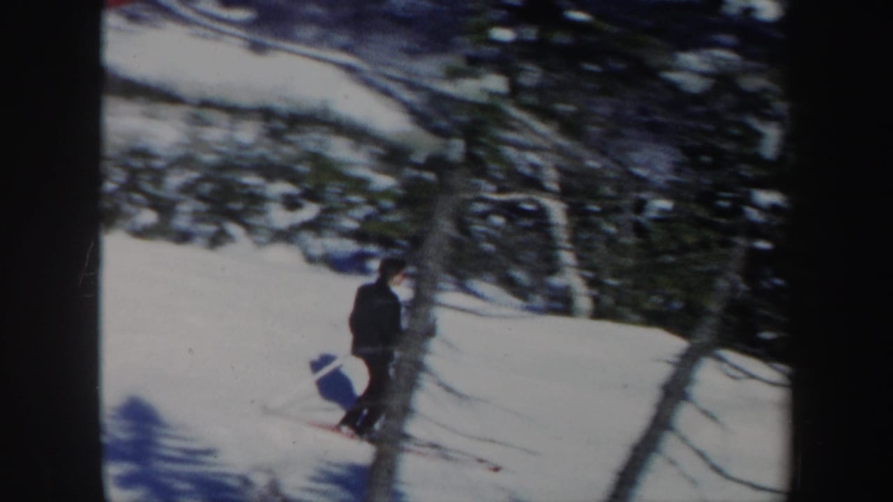 Skier on snow beside tree shadows with a valley and ski-area structures beyond.