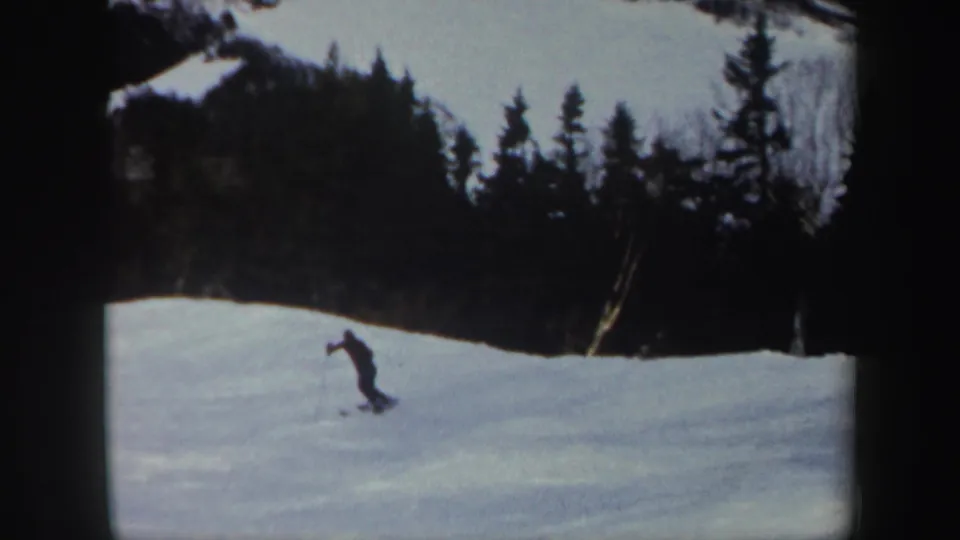 The skier leans into the descent on a snow-covered Vermont slope, with evergreen trees and a wooded hillside behind.