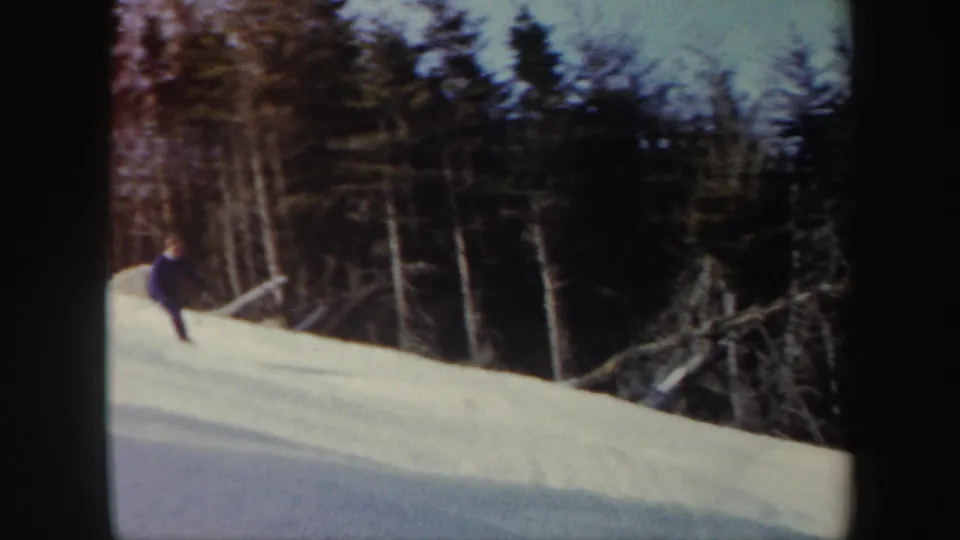 A dark-clothed skier descends a snow-covered Vermont slope with dense winter woods behind.