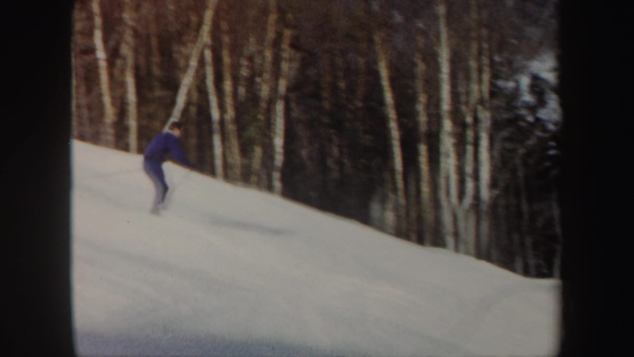 The skier in blue moves farther across the Vermont snow slope, backed by dense bare trees and evergreens.
