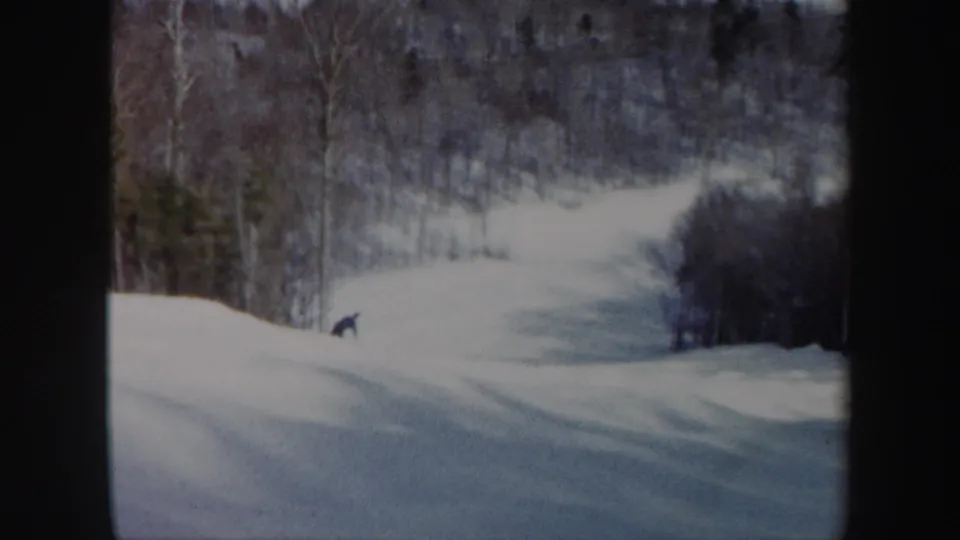 A distant skier reaches the lower left part of the Vermont slope, with a quiet winter tree line and 8mm grain visible.