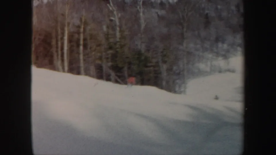 A distant adult skier in red continues downhill across the wooded Vermont snowfield.