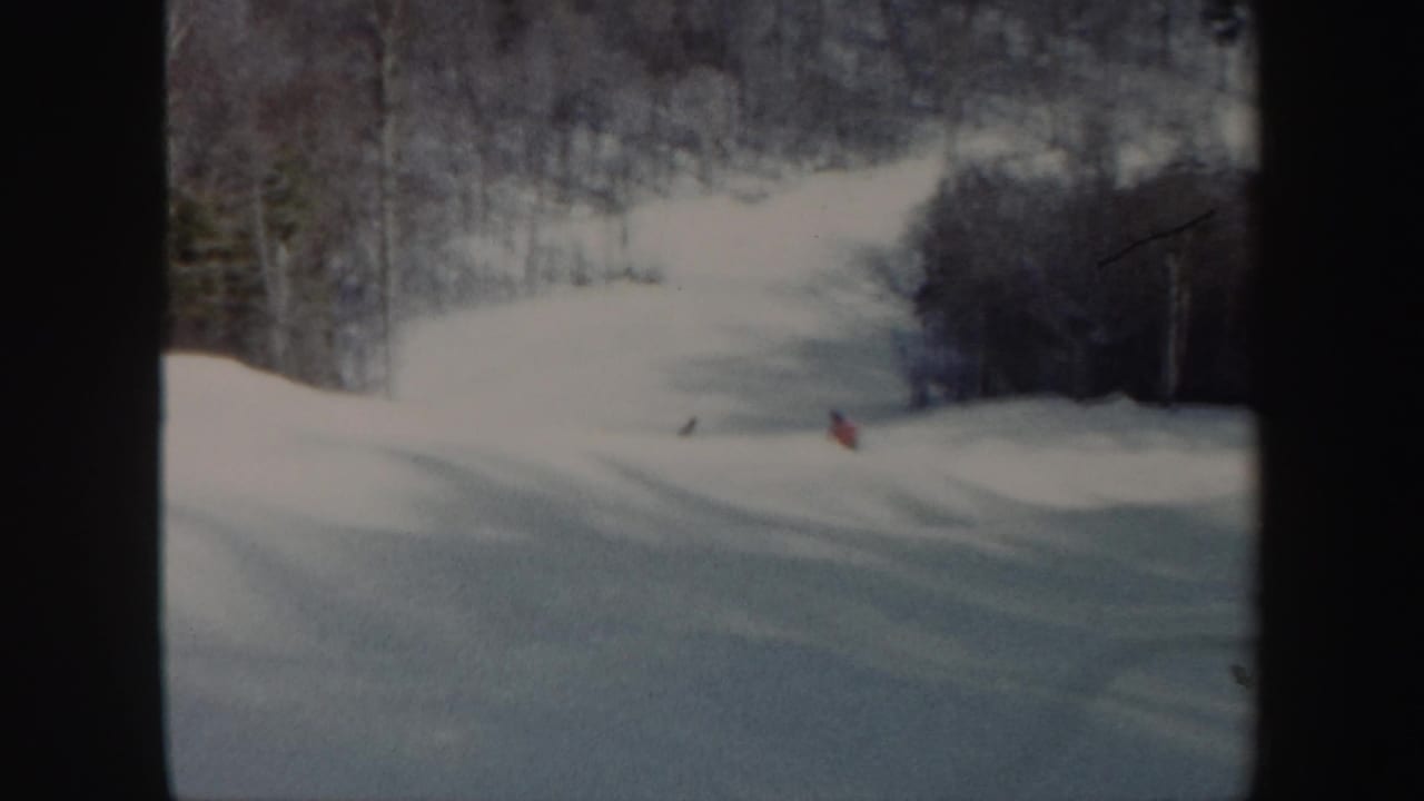 Snowy ski slope with distant skiers and bare trees at the edges.