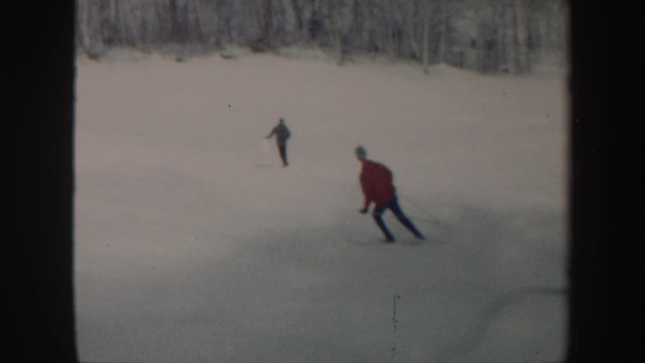 A skier in a red jacket descends a snowy hill with another skier farther back.