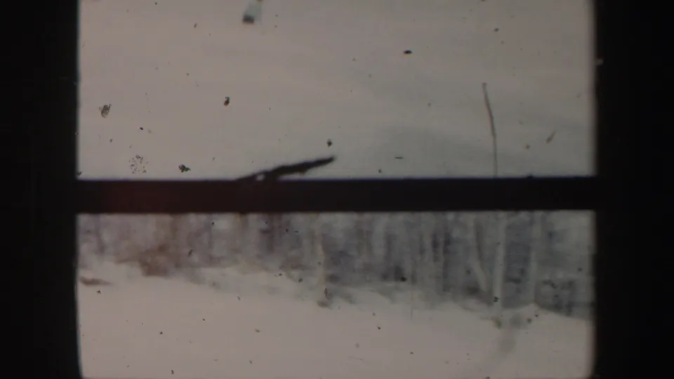 The camera holds on the snowy Vermont hillside and winter woods as the skier moves out of view.