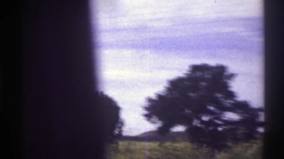 1969 Colorado roadside view with a blurred tree, low green hillside, and broad cloudy sky seen from a moving vehicle.