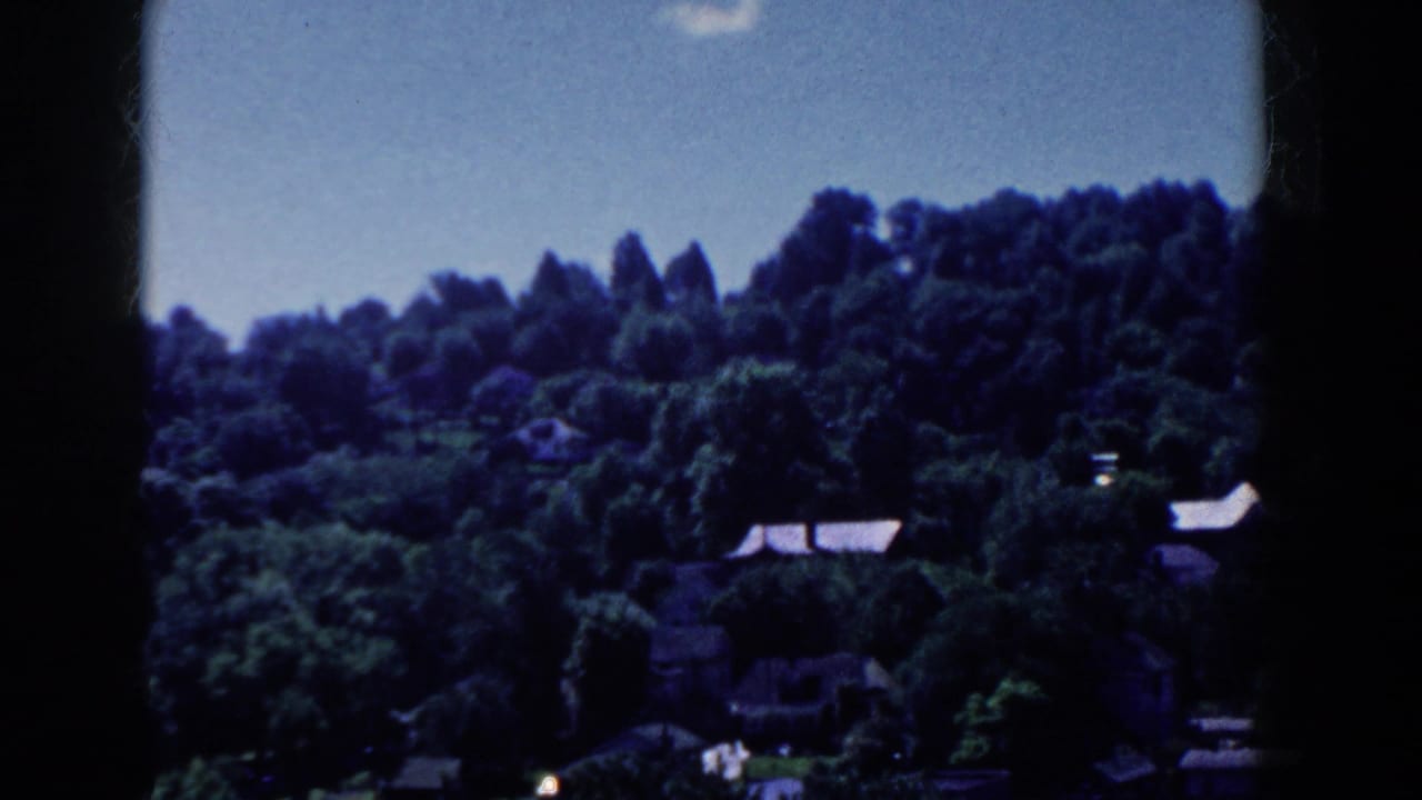 Wooded hillside with scattered rooftops under a bright sky.