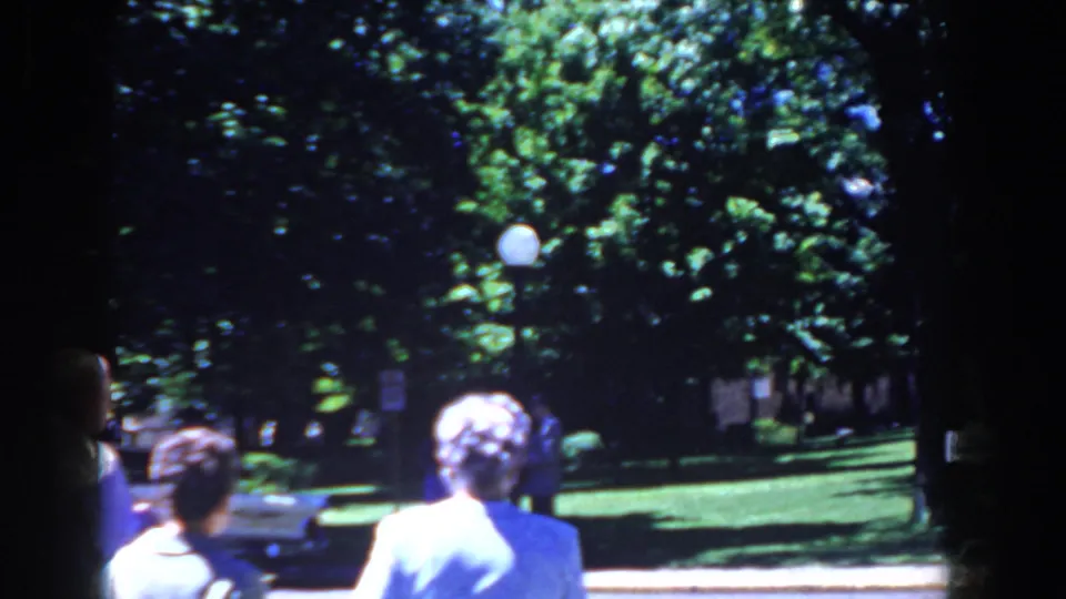 Visitors in the foreground partially obscure a French Lick park view with green lawn, tree shade, signs, and a globe lamp.