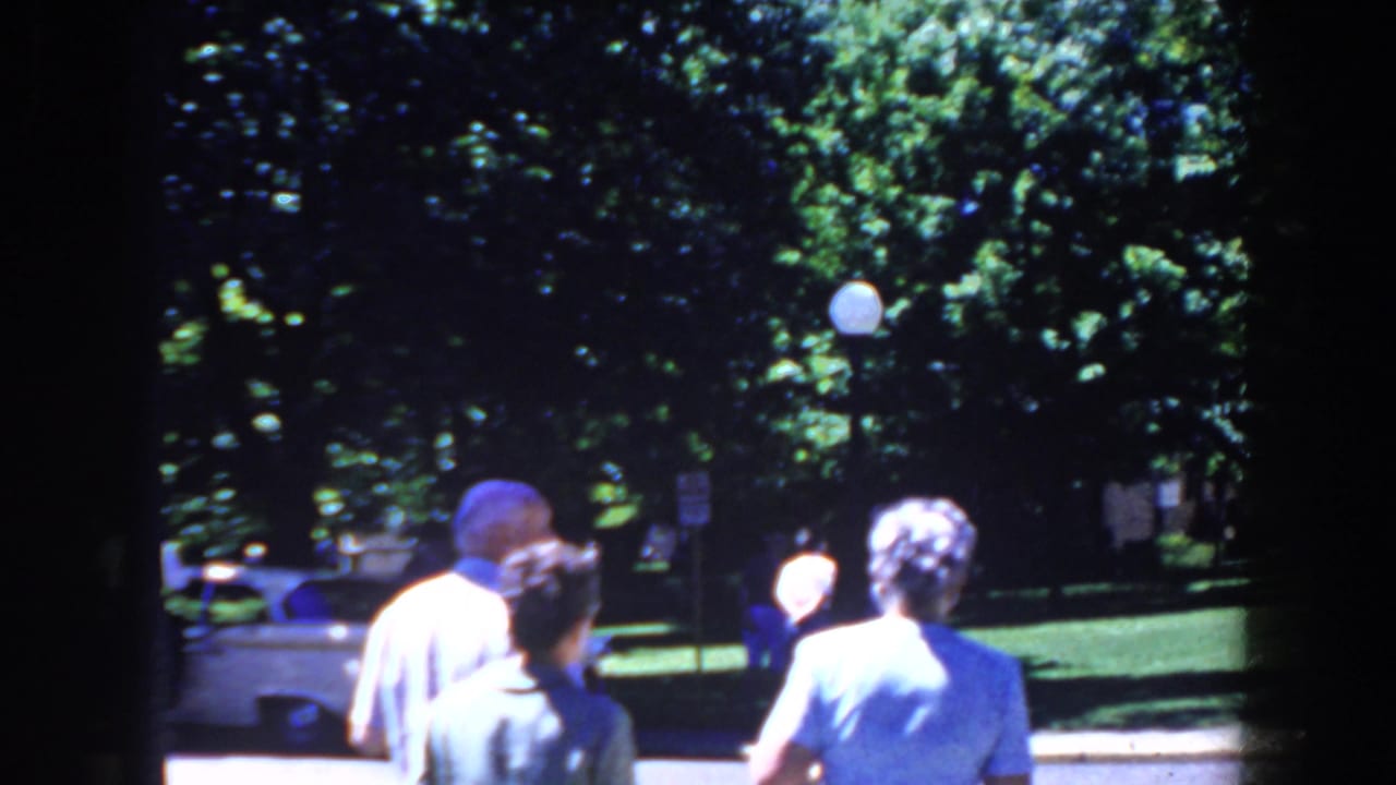 Pedestrians walk along a shaded sidewalk beside a tree-lined street.