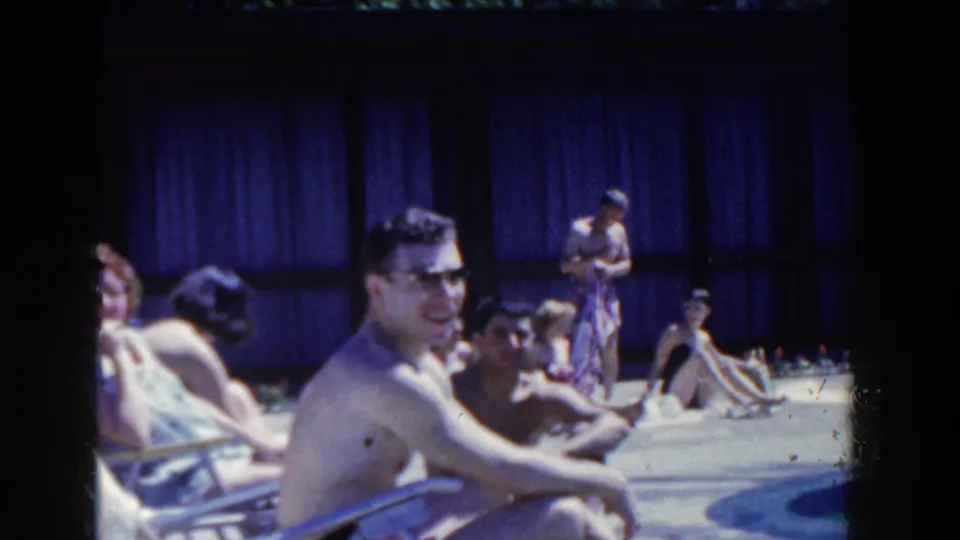 In the final 1958 French Lick poolside frame, adults relax on lounge chairs while a foreground man in sunglasses smiles toward the camera.