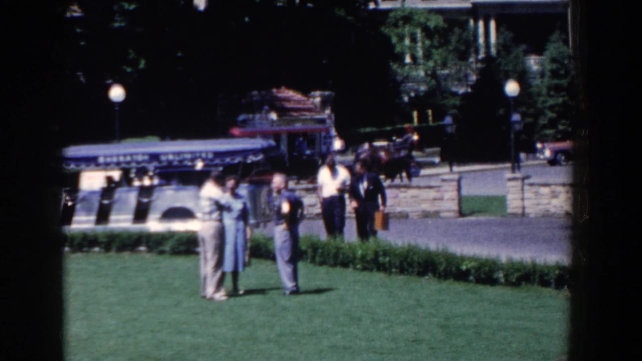 Small group stands on grass near a hedge as a carriage and cars pass in the background.