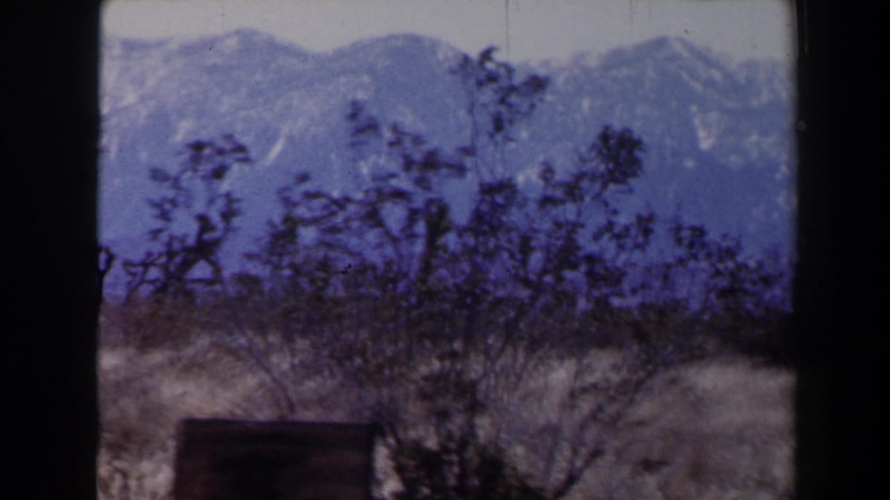 Snowy mountains beyond desert shrubs and dry grass, with dark film borders visible.