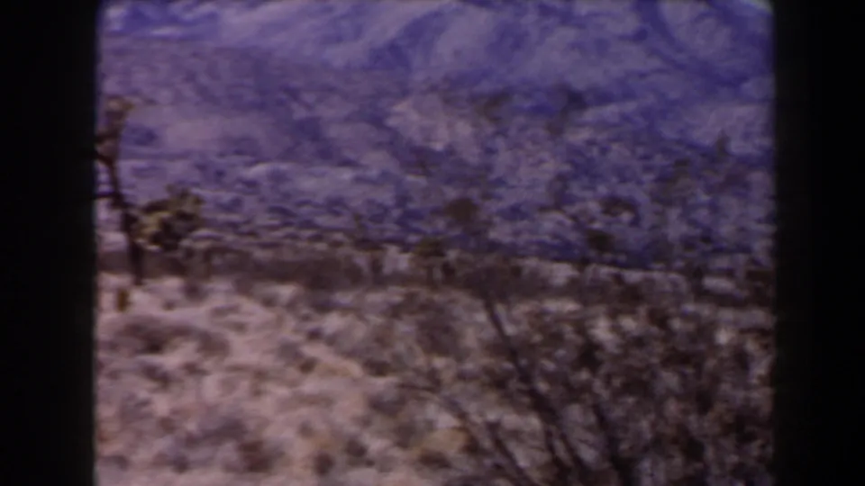 1958 Las Vegas-area 8mm frame showing scrubby desert vegetation and Joshua trees beneath a rocky mountain slope.