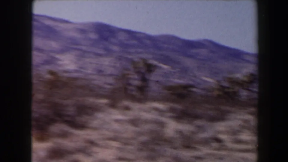1958 Las Vegas-area home-movie frame with blurred desert vegetation, Joshua trees, and low mountains under a pale sky.