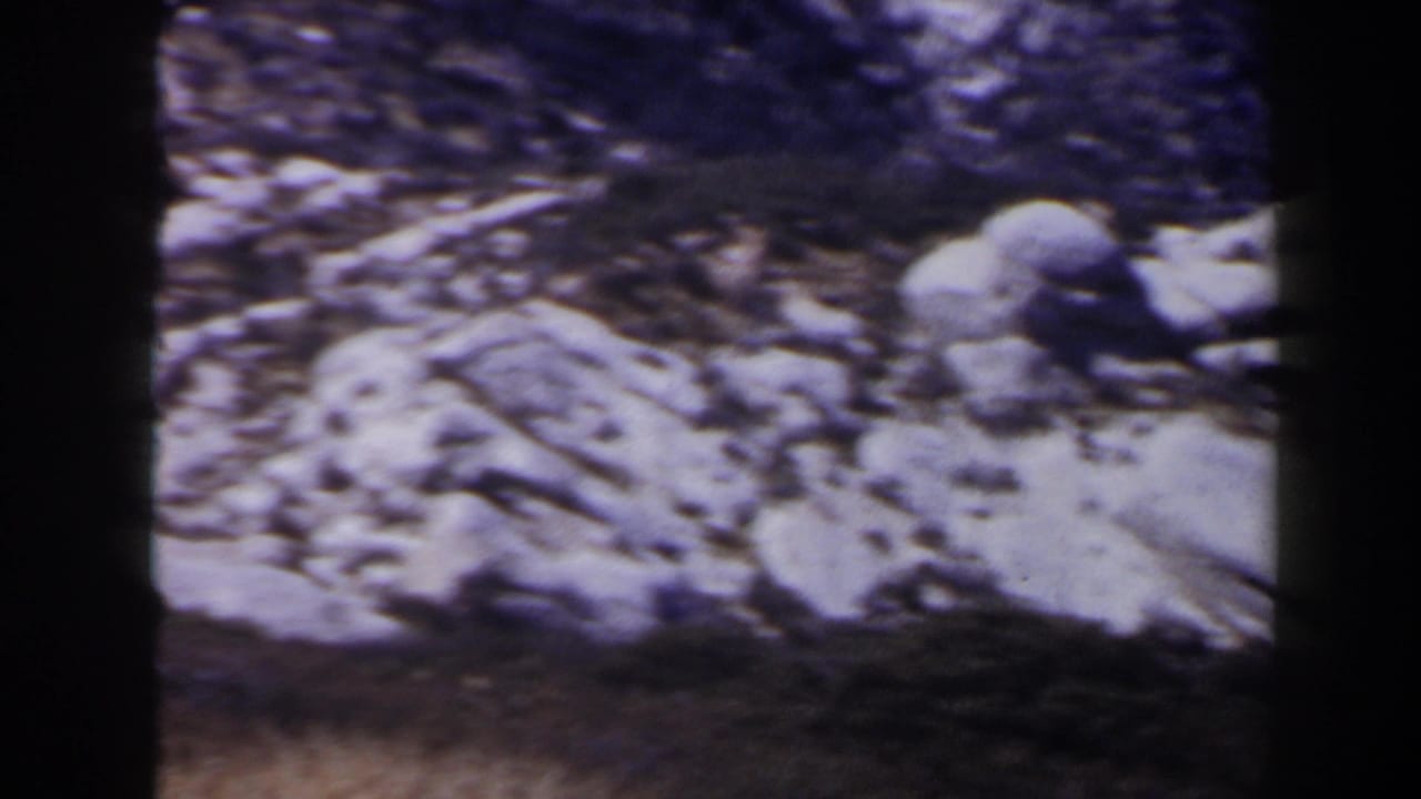 Rocky slope with patches of melting snow and dark film-frame borders.