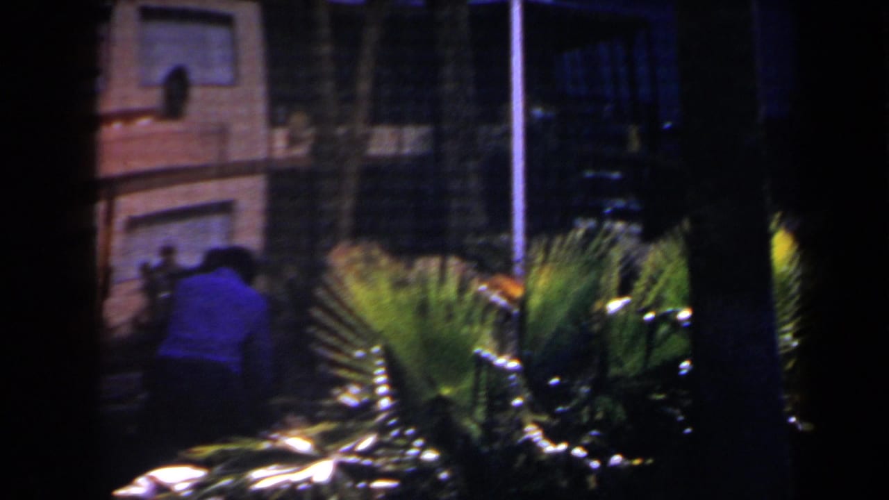 A person in a light shirt appears near palm fronds and a lit exterior facade in 1958 Las Vegas nighttime footage.