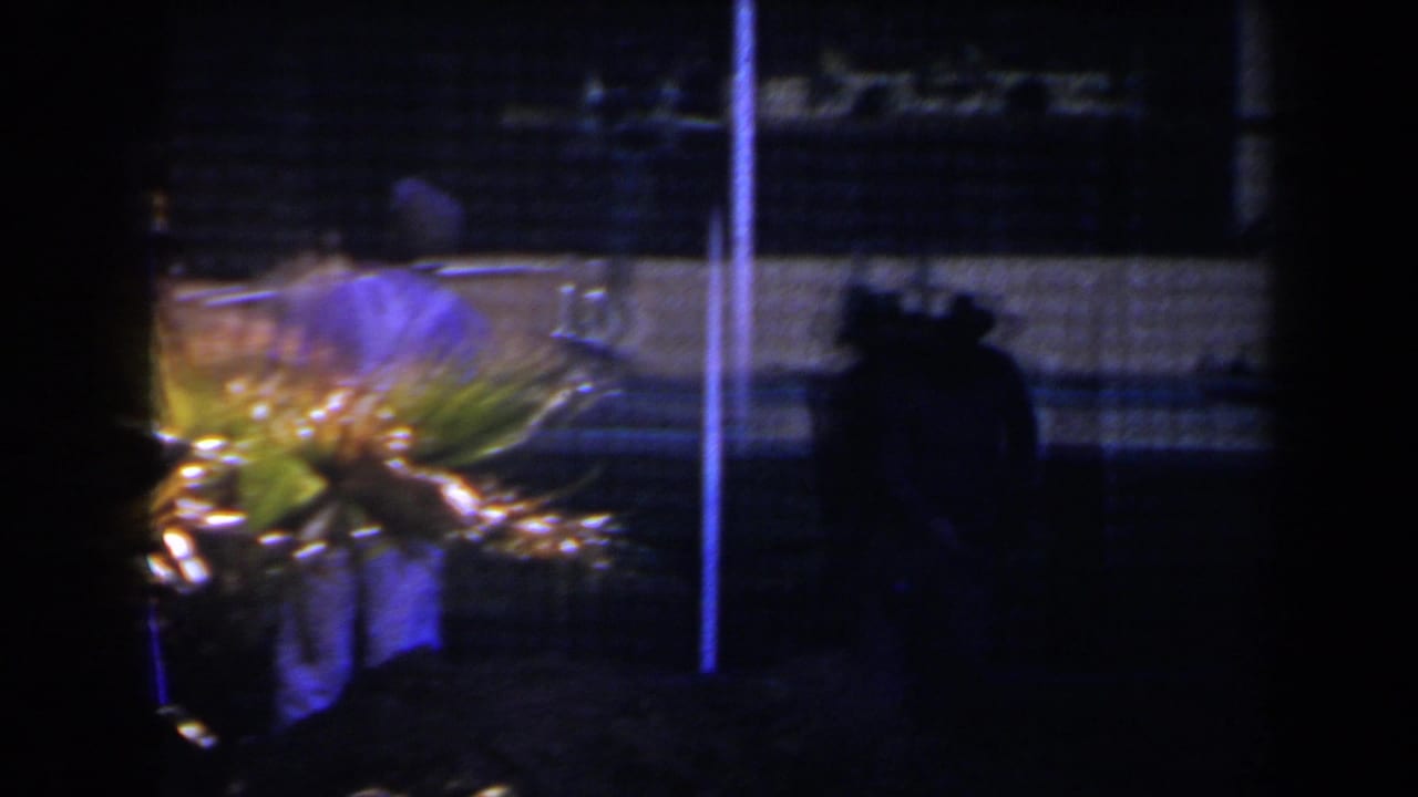 Silhouetted figure near palm fronds and a pole in a low-light 1958 Las Vegas street or exterior scene.