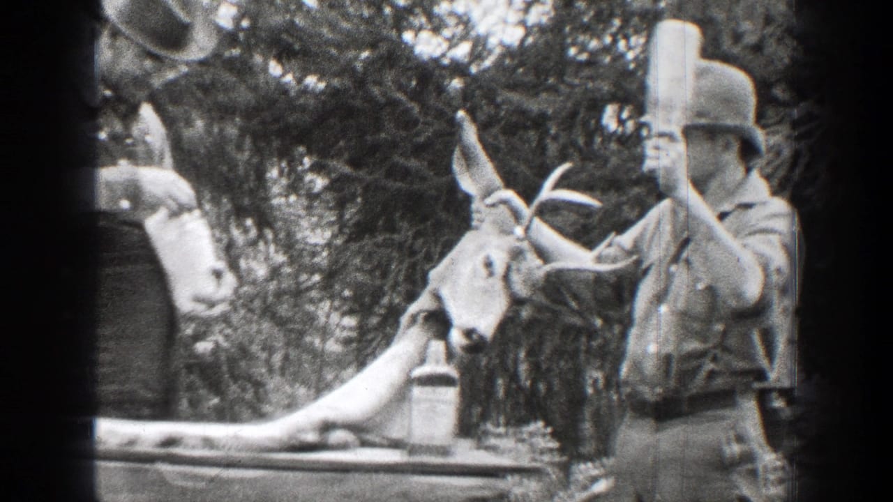 Man in cap stands at right near an antlered deer on a table in the woods.