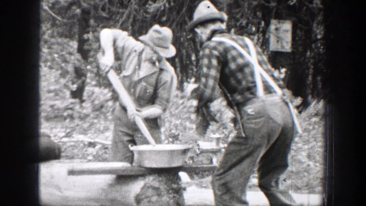 Two men work over a basin on an outdoor table among trees.