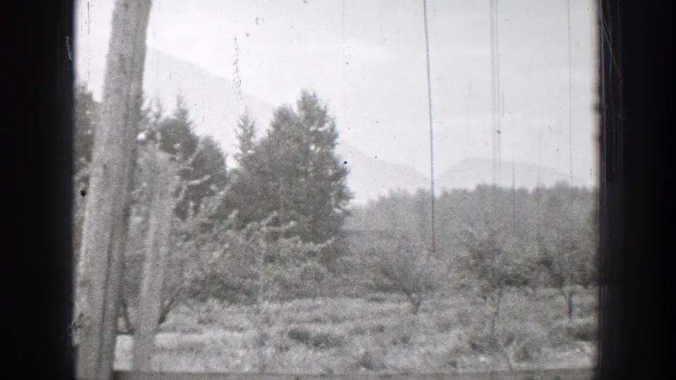 1939 8mm Chelan, Washington view through a window toward trees, open ground, a utility pole, and misty hills.