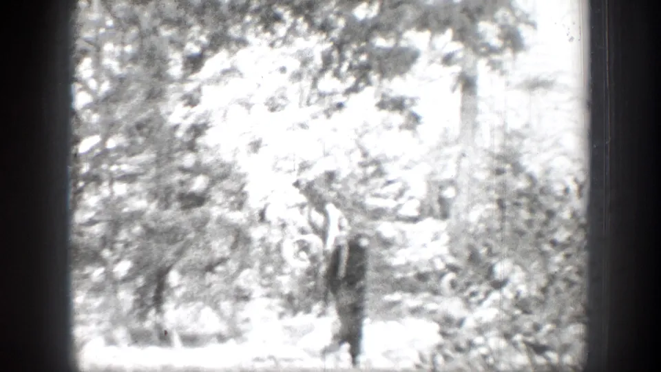 In 1939 Chelan, Washington footage, a suited man in a brimmed hat walks among trees in a high-exposure forest scene.