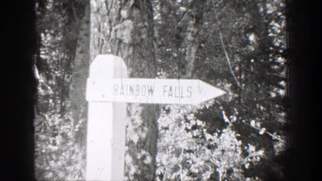White directional sign reading Rainbow Falls among trees.