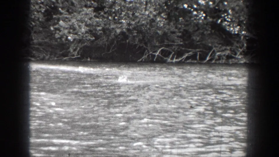 Chelan, Washington home-movie frame from 1939 showing rippled pond water and a dense, wooded shoreline after the boat passes out of view.