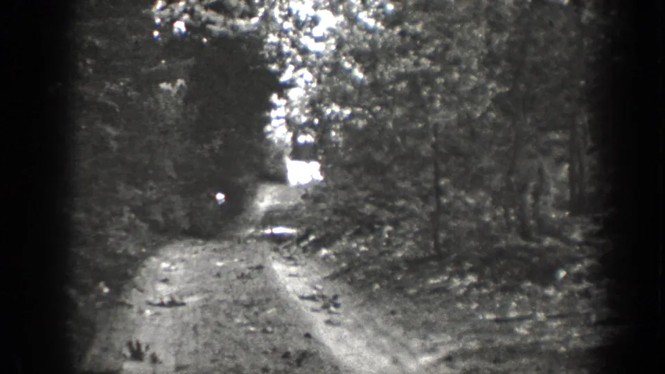 Black-and-white 8mm view of a rural Chelan-area forest road, with soft focus and a bright opening ahead.