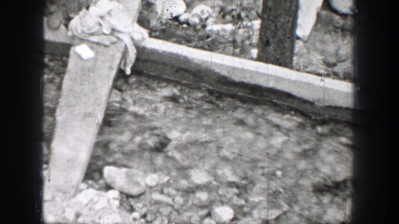 Wooden plank over a shallow rocky stream with boards and cloth near the bank.