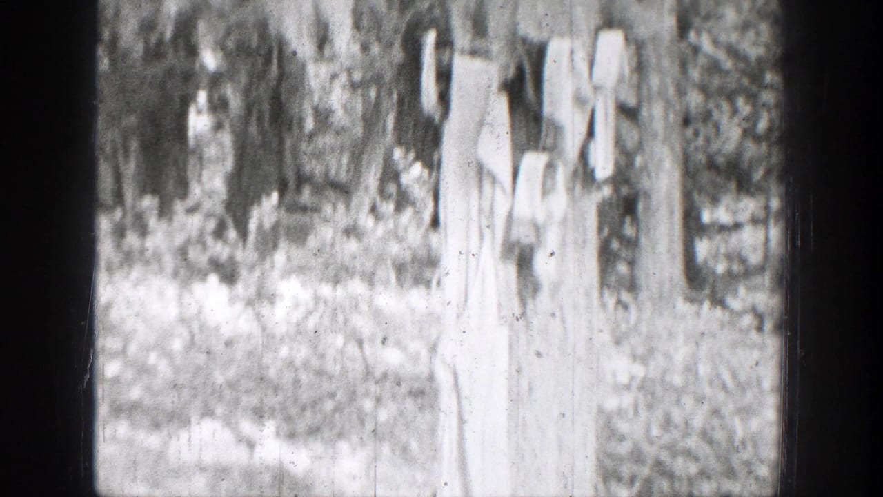 1939 Chelan, Washington frame with light-colored laundry hanging between trees near a wooded creekside area.