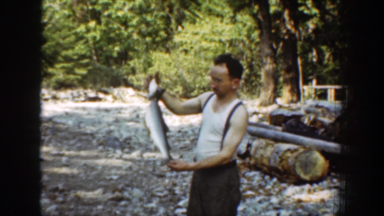 Man standing by a rocky riverbank holding a large fish in a wooded area.