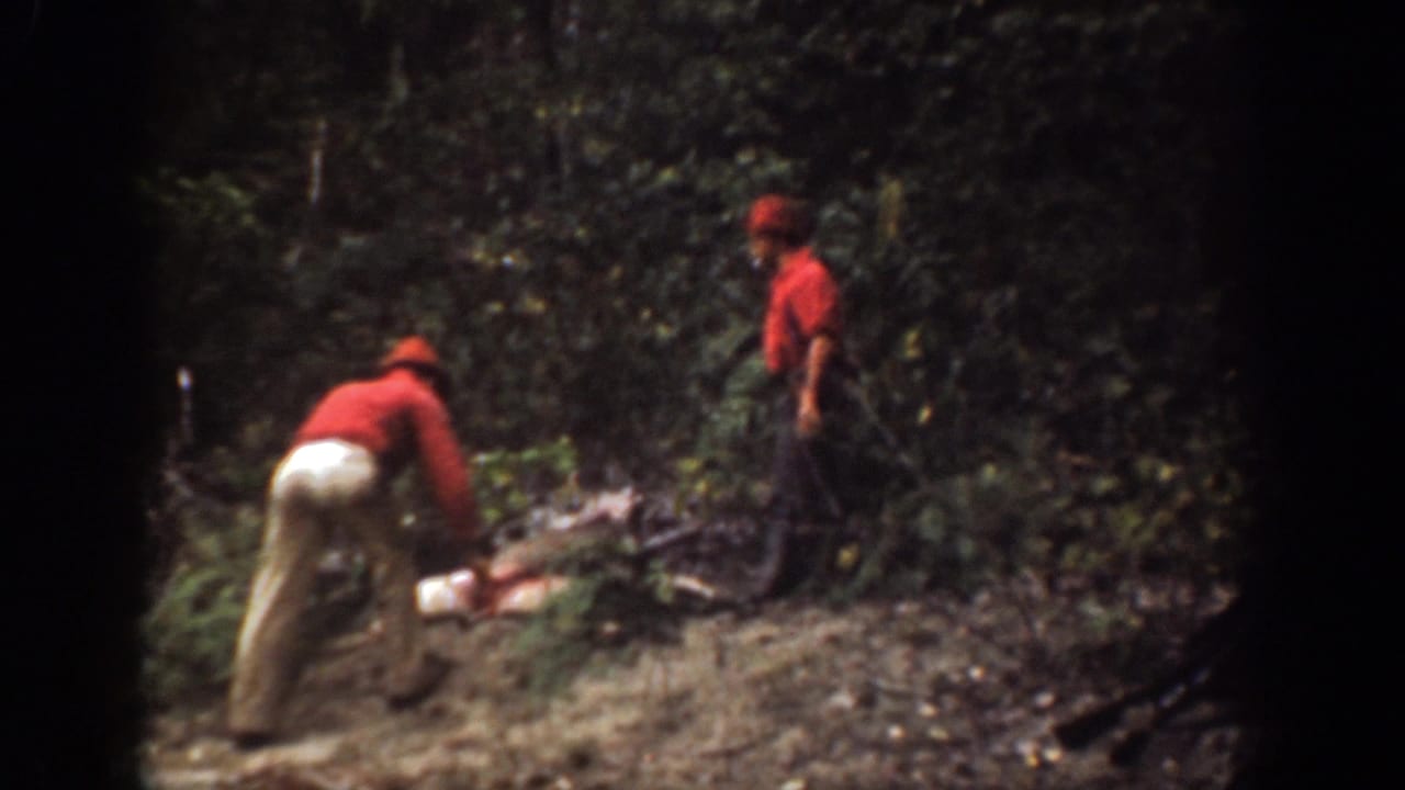 Two men in red clothing work near a large animal carcass in a wooded area.