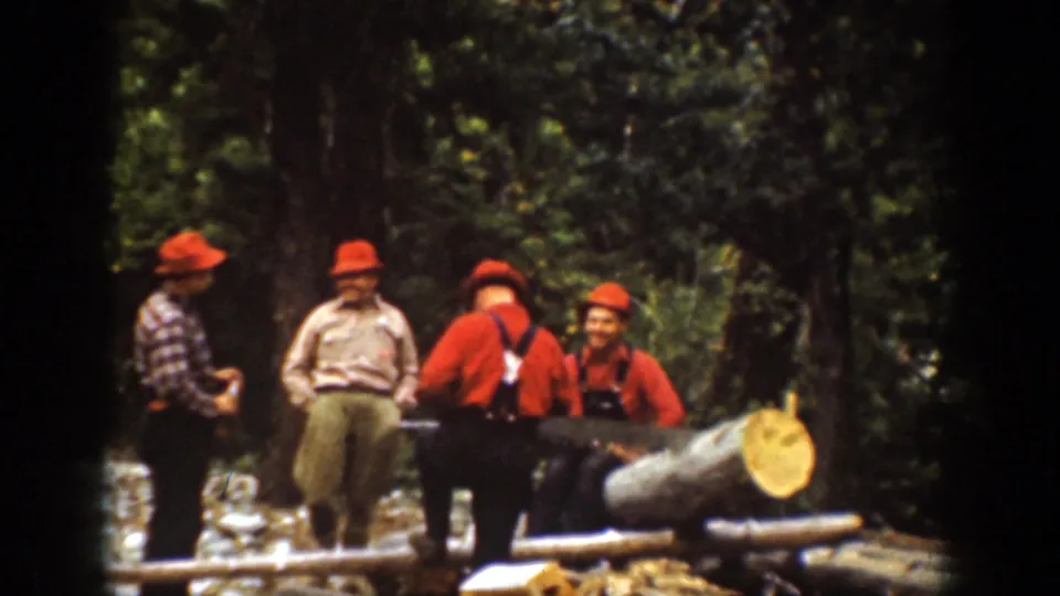 In the Chelan 1939 home-movie frame, men in red caps gather around a long felled log among tall trees.