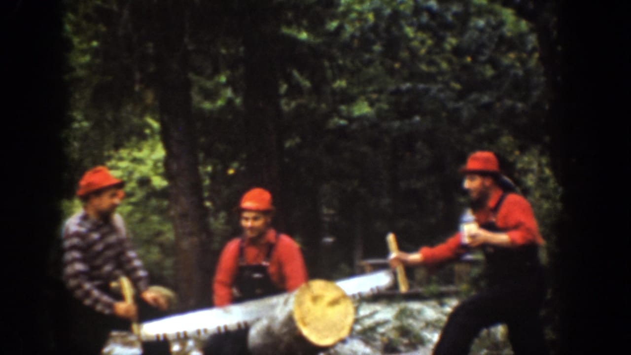 Chelan, Washington 1939 frame showing men in red hats beside a large log, with one man holding a bottle while the saw rests nearby.