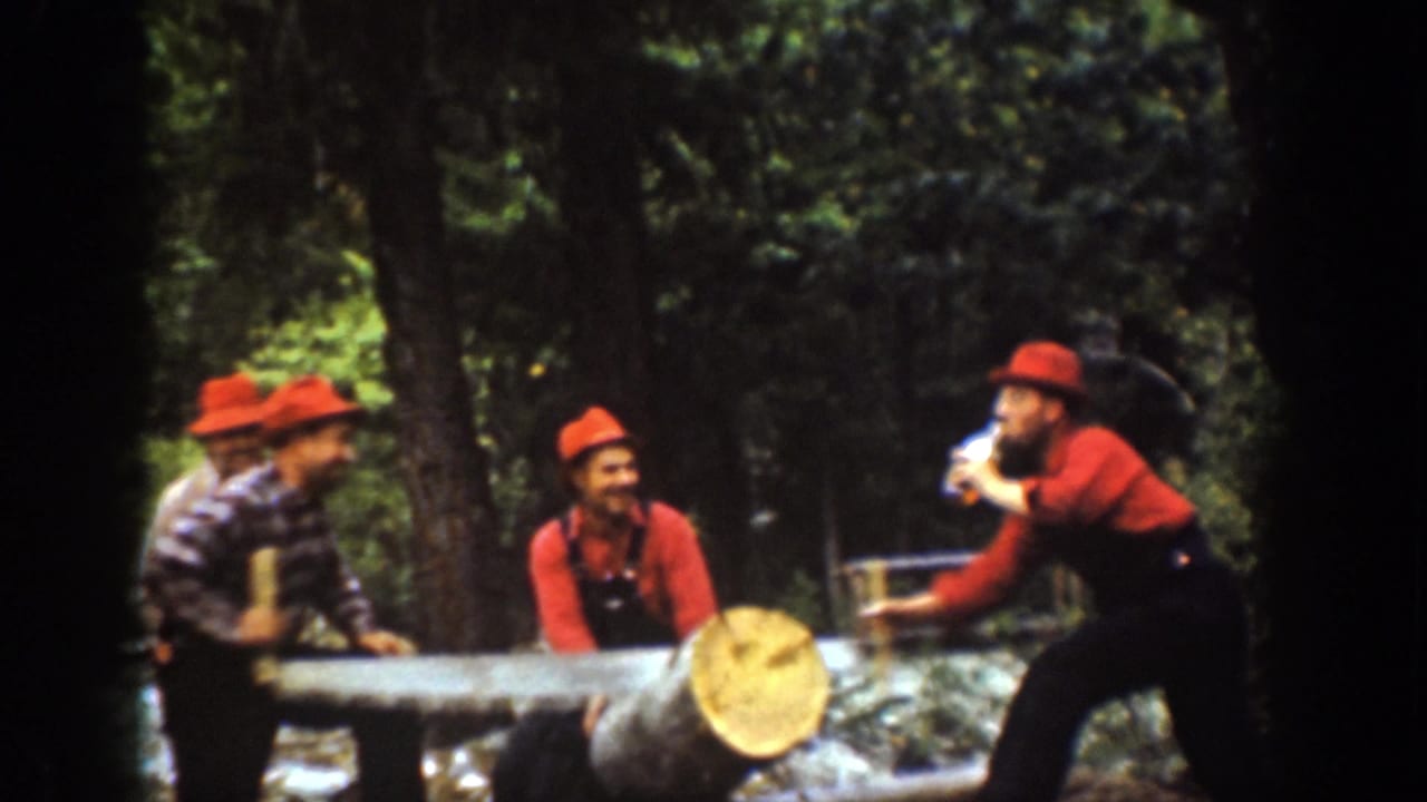 Three men in red hats work around a large log with a long saw in a forest.