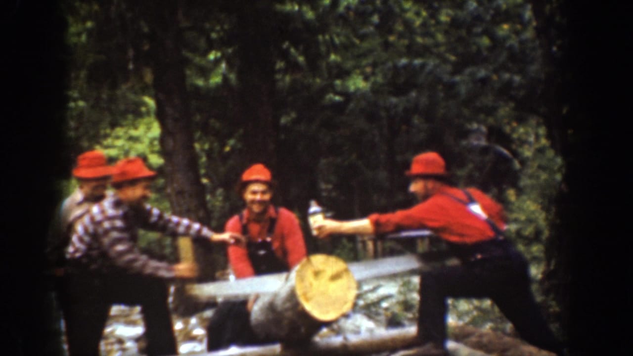 Adult men in red hats and work clothes gather by a large log and saw in the Chelan, Washington forest setting described by the clip metadata.