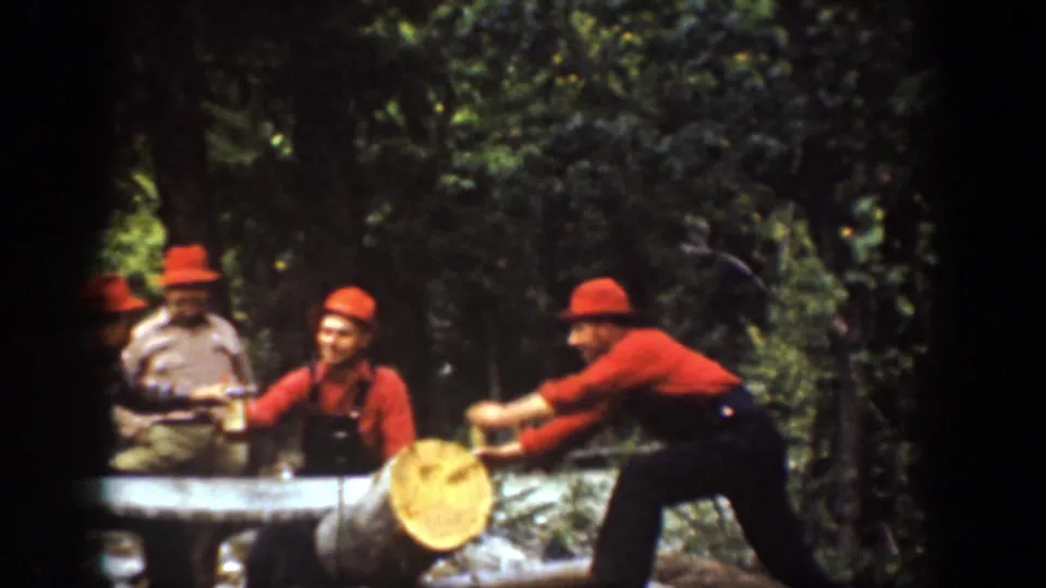 Chelan, Washington 1939 frame showing a worker in red shirt and dark overalls pushing a log as other men stand nearby.