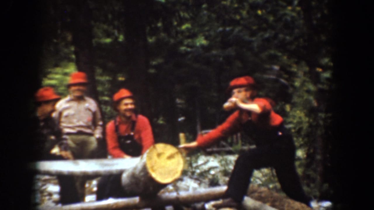 Chelan, Washington 1939 frame of a worker pushing or guiding a log while three men stand behind in wooded surroundings.