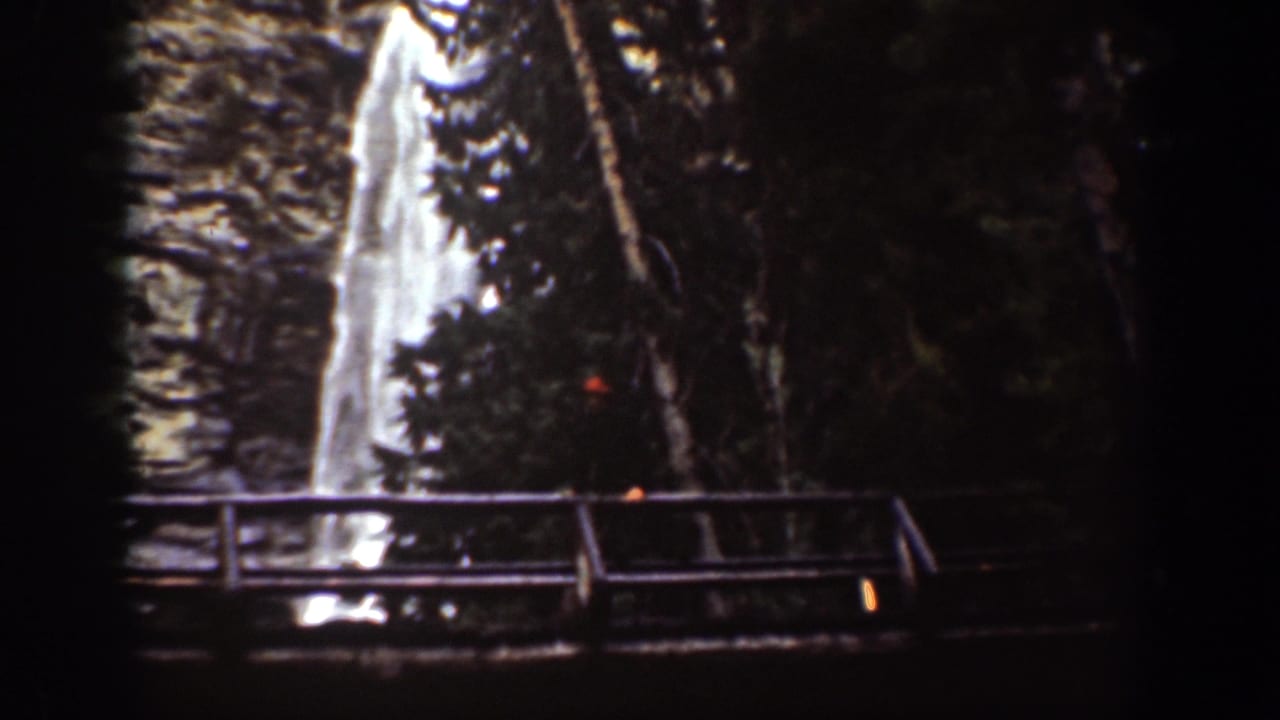 1939 Chelan, Washington home-movie still of a waterfall beyond a wooden bridge and shaded evergreens.