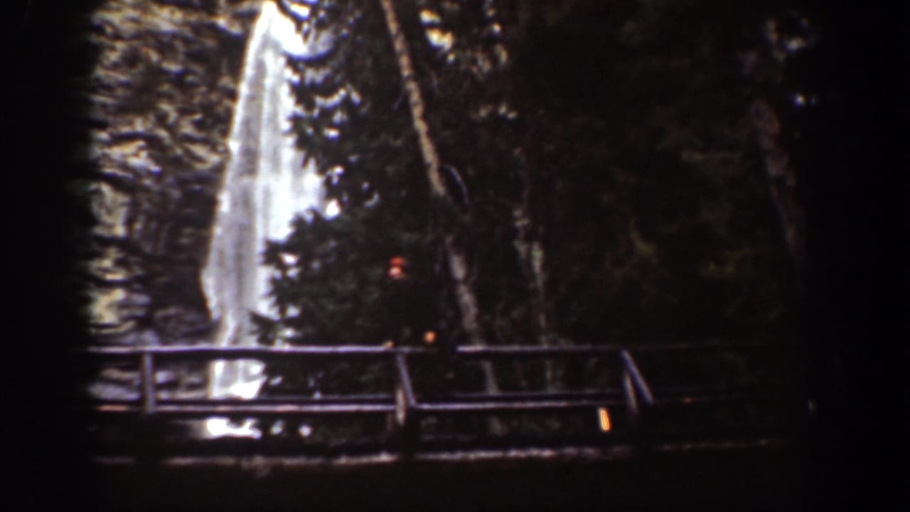 A waterfall behind a wooden bridge in a dark forested gorge.