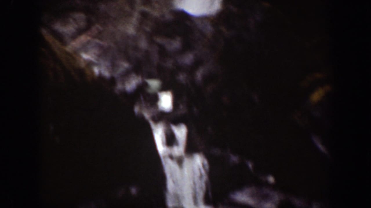 Soft 8mm frame from the Chelan, Washington clip showing falling water, rock, and dark forest shadows.