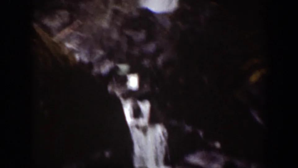 Soft 8mm frame from the Chelan, Washington clip showing falling water, rock, and dark forest shadows.