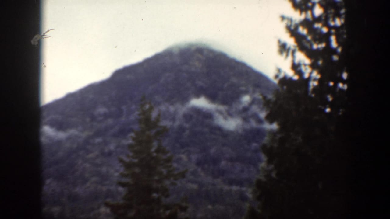 Misty mountain peak above evergreen trees, framed by dark film edges.