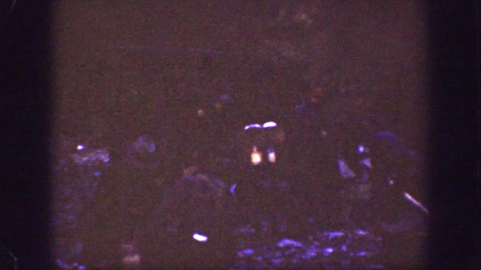 A dark, grainy 8mm frame shows indistinct human shapes or figures, with little detail visible beyond low-light movement.